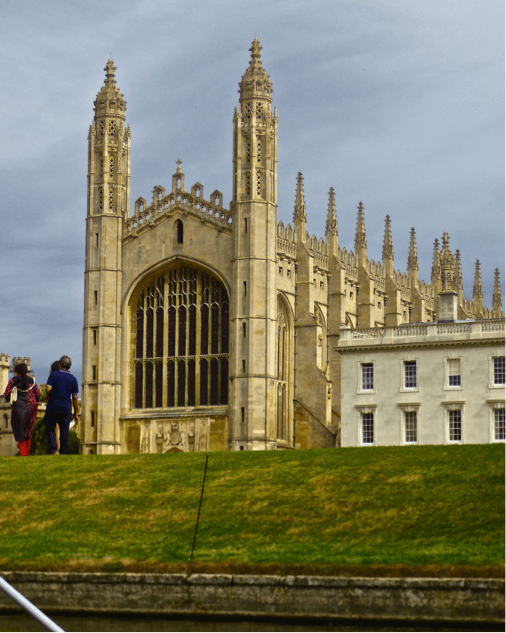 King's College Chapel on the shore of the RIver Cam as seen when punting in the river.