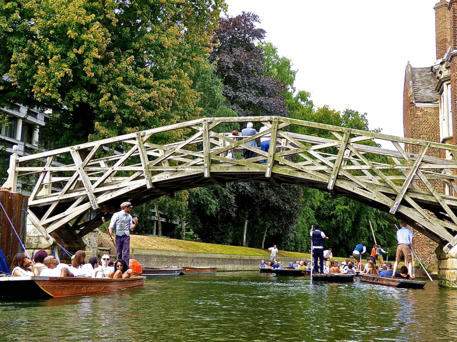 A view of the mathematical bridge crossing the River Cam as seen while punting on the river.