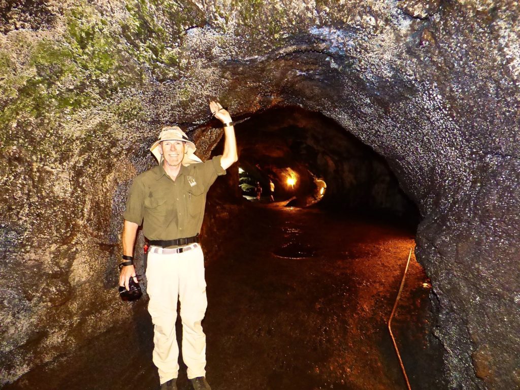 Jack in the lava tube in Volcanoo National Park.