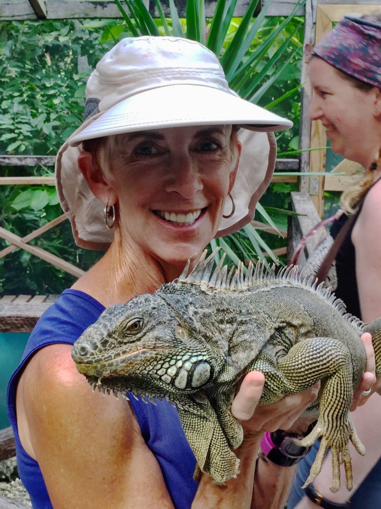 Me holding a green iguana at the San Ignacio Hotel sanctuary