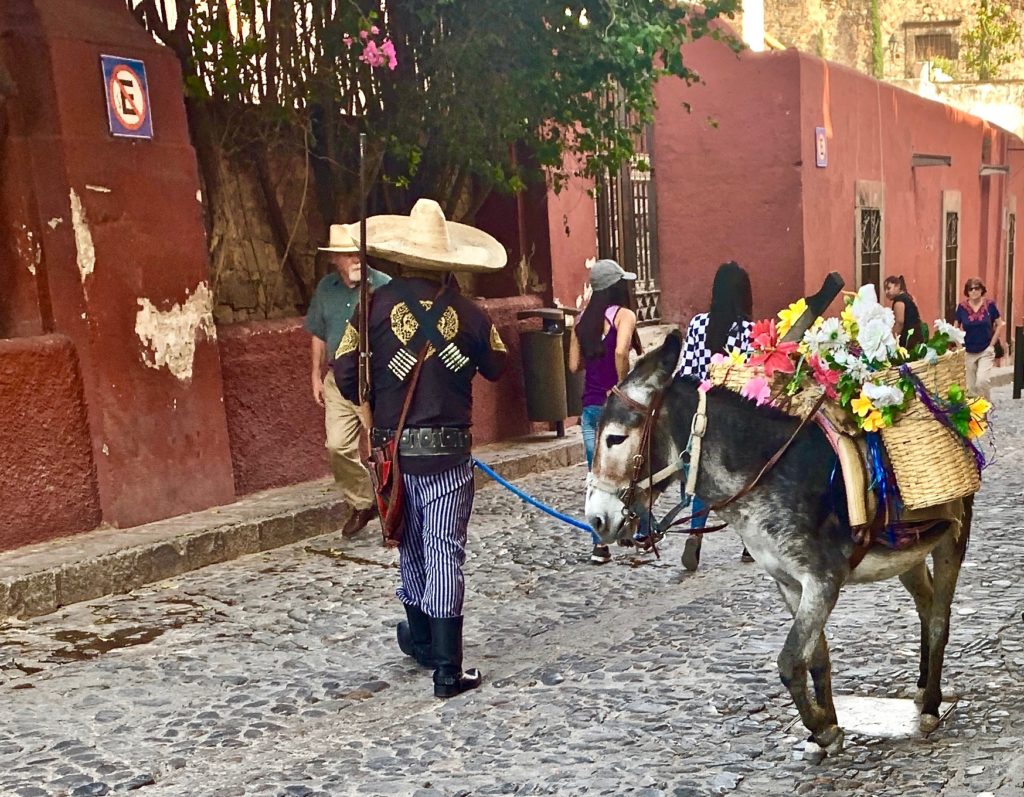 Watching people like this Man wearing a sombrero, dressed as a bandit, walking with his donkey, is a fun thing to do in San Miguel De Allende.  