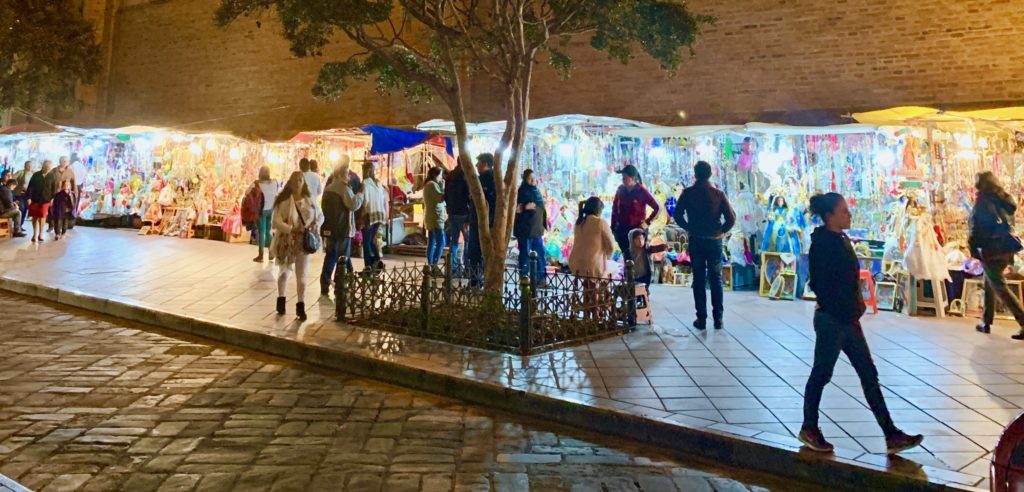 Busy holiday sidewalk.