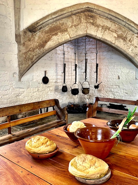 Food Display on the table in the Abbots Kitchen at Glastonbury Abbey in Glastonbury UK