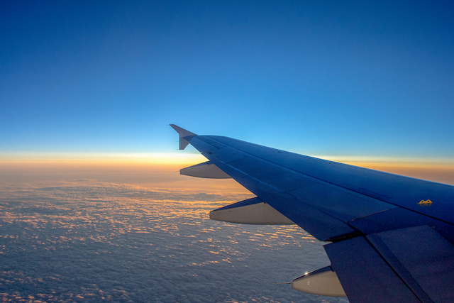 Blue tinted airplane wing as we head home due to travel problems.