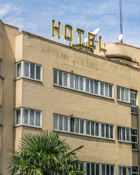 Brown hotel building.