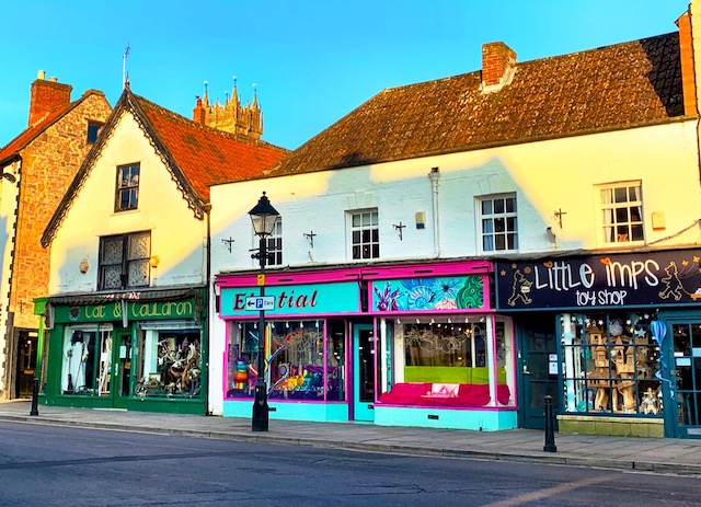 So many colorful stores in Glastonbury UK were seen on our day trip to Glastonbury.