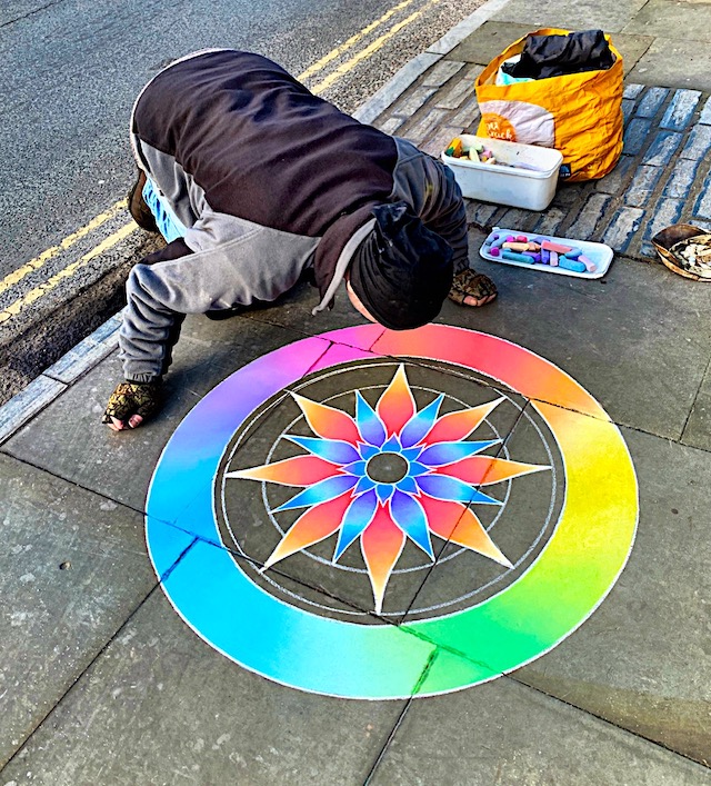 Chalk drawing on Glastonbury sidewalk.