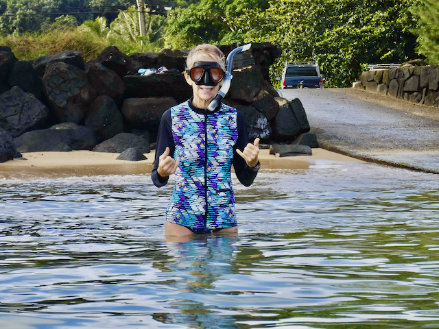 The author wearing a rashguard instead of sunscreen