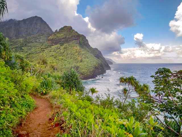 Napali  Coast sign and the Kalalau trail view seen in Kauai