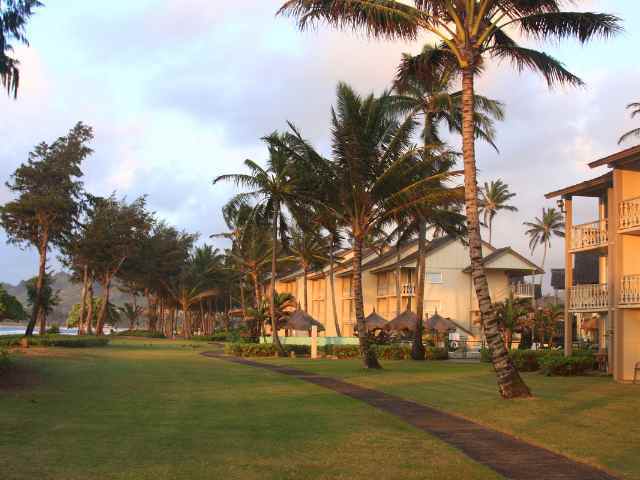 kauai vacation hotel buildings at sunset