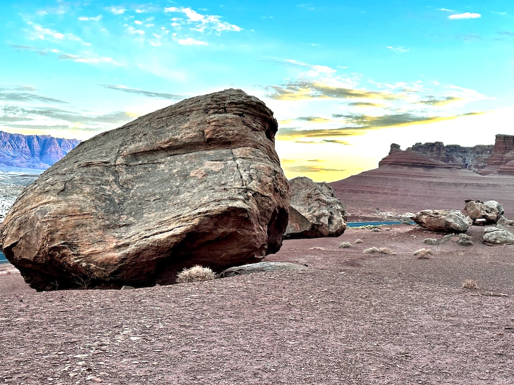 Large boulder with sunset background in Marble Canyon