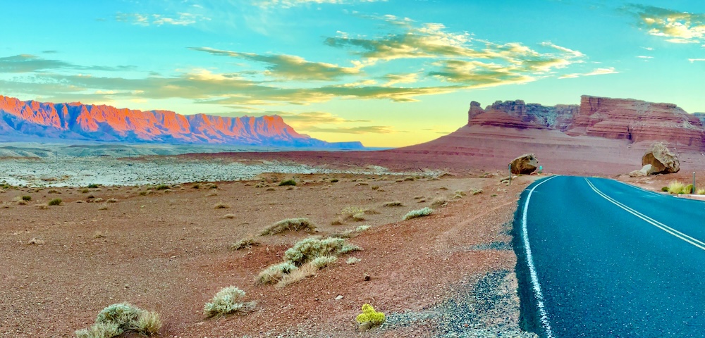 View down the road in Marble Canyon showing the beautiful rock formations 