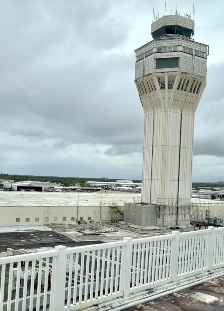 Control tower for the San Juan Airport as seen from the window of a room at the San Juan Airport Hotel.